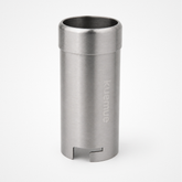 Stainless steel can holder with brand logo on a white background