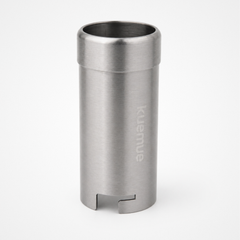 Stainless steel can holder with brand logo on a white background