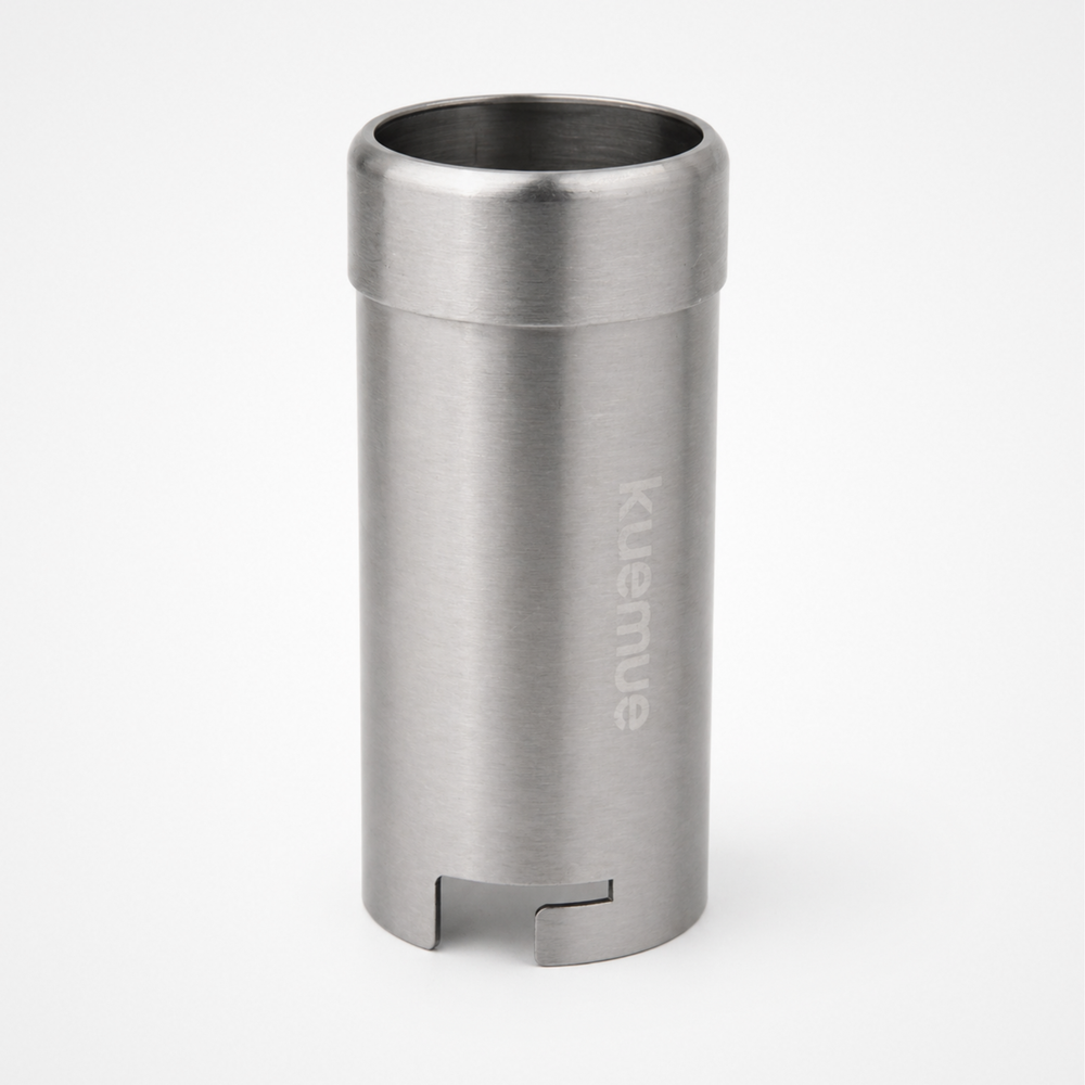 Stainless steel can holder with brand logo on a white background