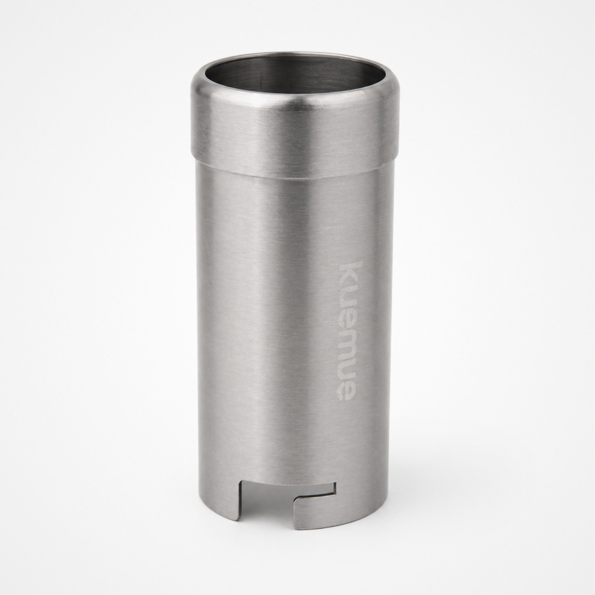 Stainless steel can holder with brand logo on a white background