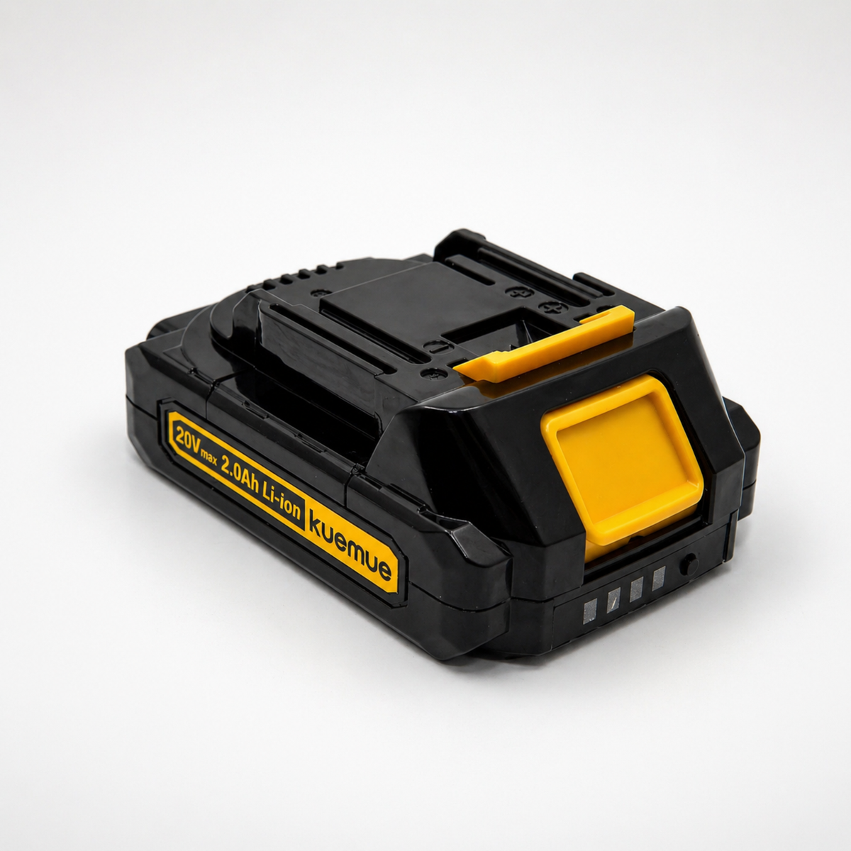 Black and yellow battery pack with 'kuemue' branding on a white background
