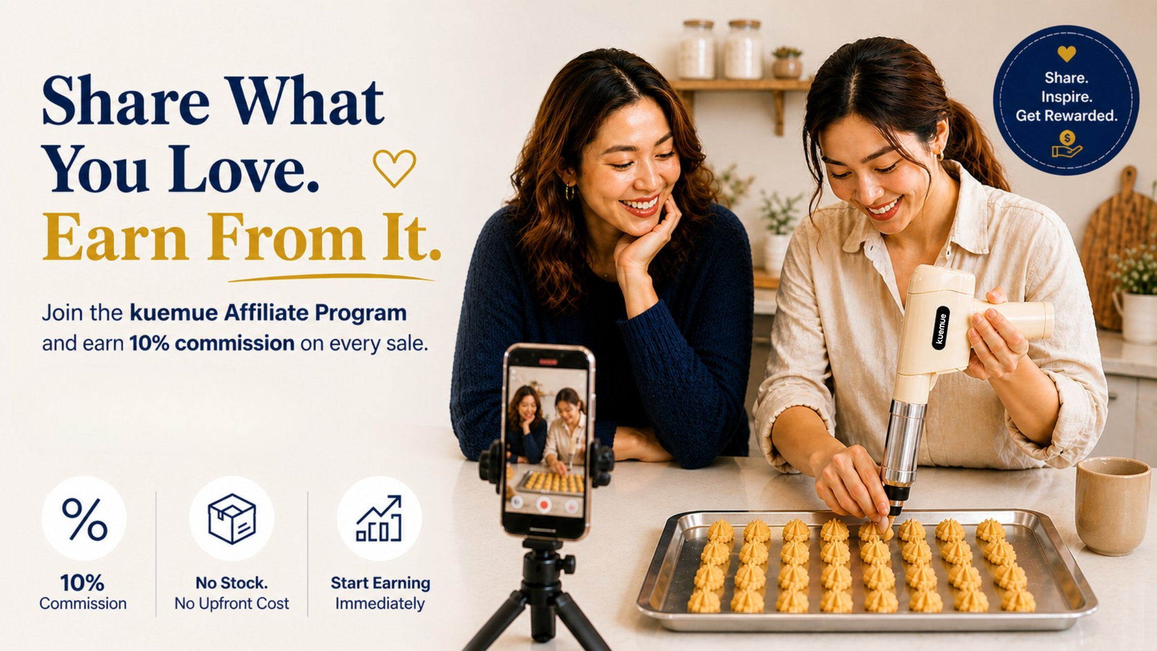 Two women in a kitchen with one using a smartphone to record, and the other preparing food. Text promotes the kuemue Affiliate Program.