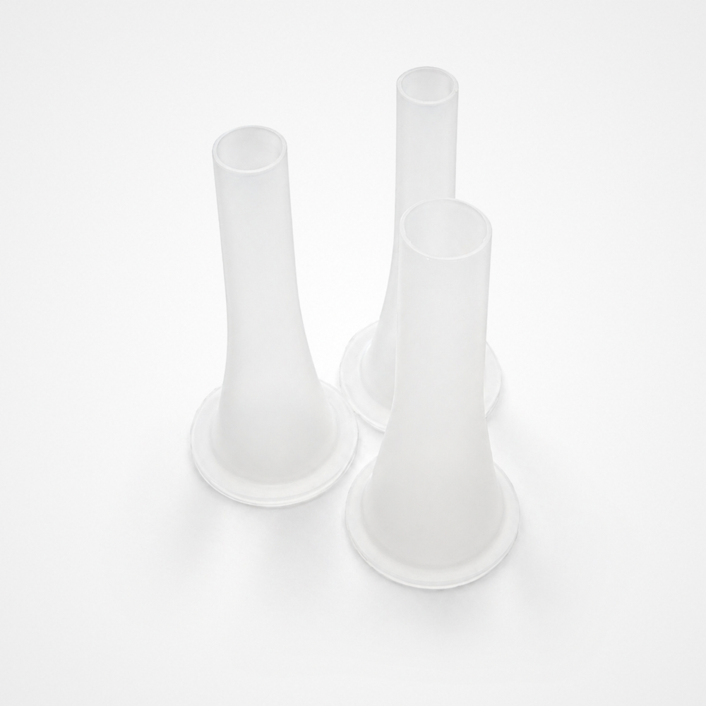 three white plastic funnels on a light gray background